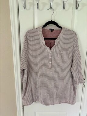 Coco + Carmen 100% Cotton XXL Striped Gauze Boho Henley Coastal Tunic 3/4 Sleeve